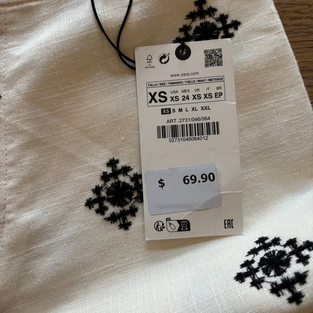 Zara Embroidered Linen Blend Wide Leg Pants White Black XS NEW